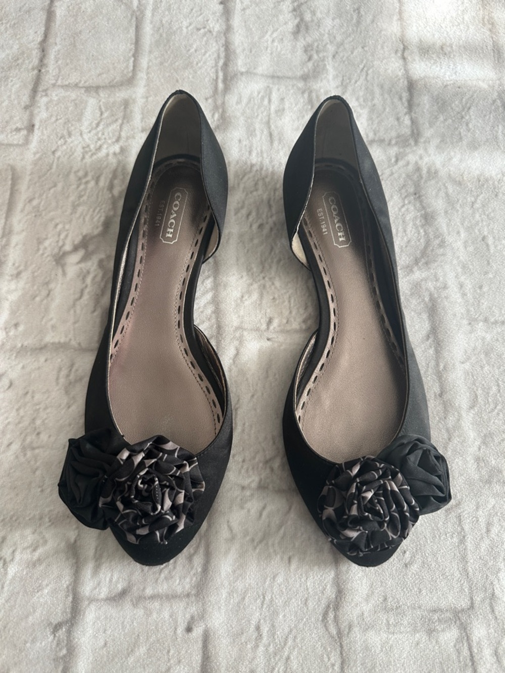 Coach Black D'Orsay Flats with Rosette Accent Size 7.5B